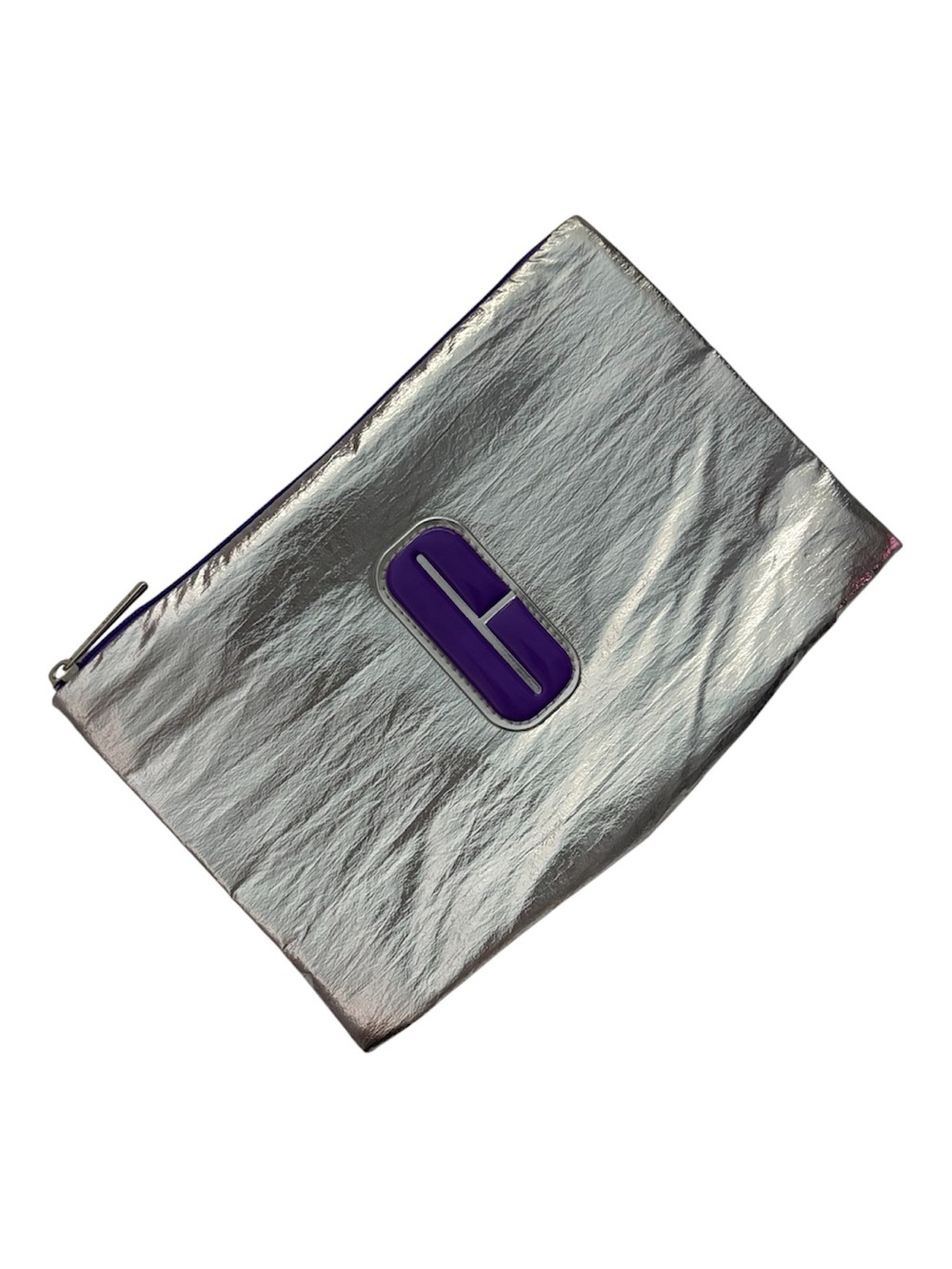 Clinique Silver Metallic Crinkle Makeup Bag Pouch Purple Logo